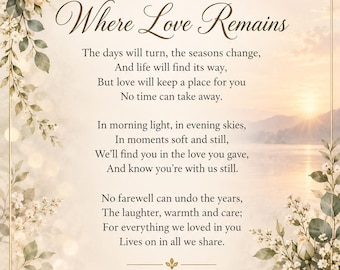Memorial Poem Where Love Remains.  Loving Tribute, Cherished Memories, Never Forgotten