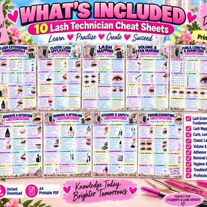 May include: A digital bundle of 10 A4 printable lash technician cheat sheets featuring instructional text, diagrams, and eye illustrations. The sheets cover topics like lash extensions fundamentals, mapping, application, volume, hygiene, and troubleshooting.