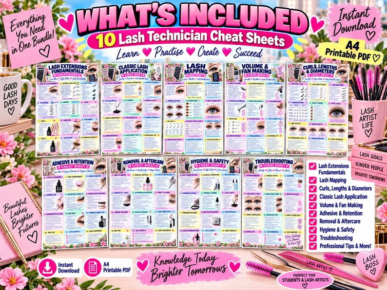 May include: A digital bundle of 10 A4 printable lash technician cheat sheets featuring instructional text, diagrams, and eye illustrations. The sheets cover topics like lash extensions fundamentals, mapping, application, volume, hygiene, and troubleshooting.
