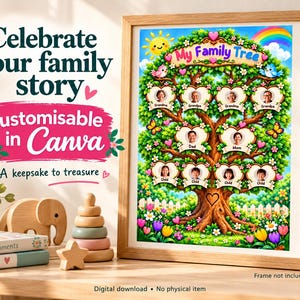 May include: A digital family tree template in a wooden frame featuring a large tree with heart-shaped photo frames for family members, colorful flowers, a sun, and a rainbow. The text reads "My Family Tree" at the top, with "Celebrate your family story" and "Customisable in Canva" printed on the left side.