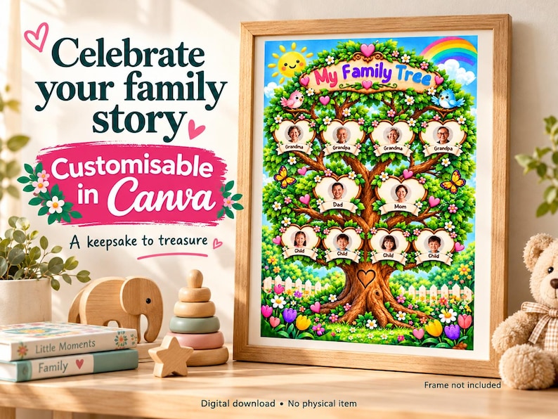 May include: A digital family tree template in a wooden frame featuring a large tree with heart-shaped photo frames for family members, colorful flowers, a sun, and a rainbow. The text reads "My Family Tree" at the top, with "Celebrate your family story" and "Customisable in Canva" printed on the left side.