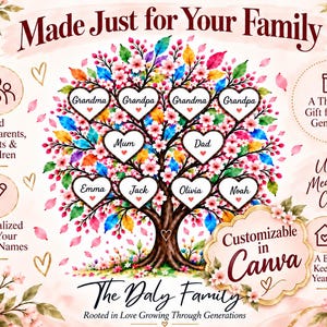 May include: A family tree graphic featuring a colorful tree with heart-shaped frames for names. Text includes Made Just for Your Family, The Daly Family, Rooted in Love Growing Through Generations, and Customizable in Canva, surrounded by floral accents.