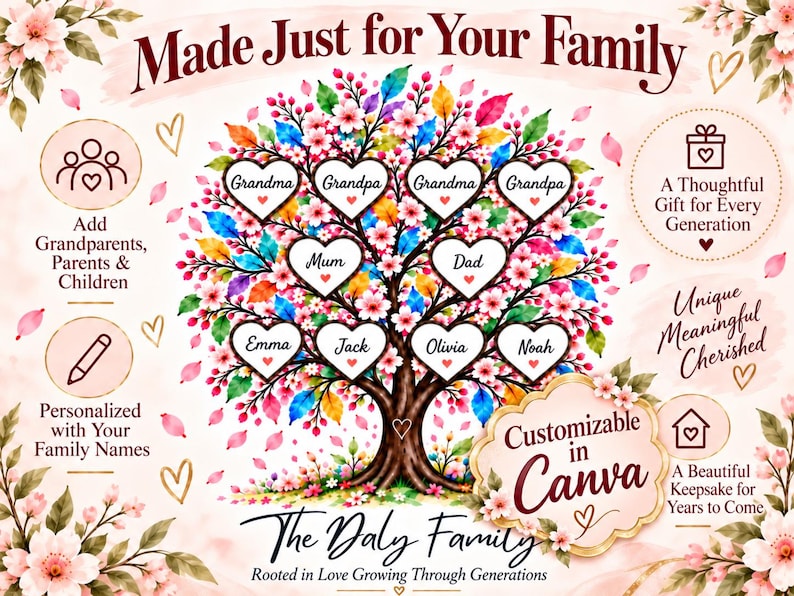 May include: A family tree graphic featuring a colorful tree with heart-shaped frames for names. Text includes Made Just for Your Family, The Daly Family, Rooted in Love Growing Through Generations, and Customizable in Canva, surrounded by floral accents.