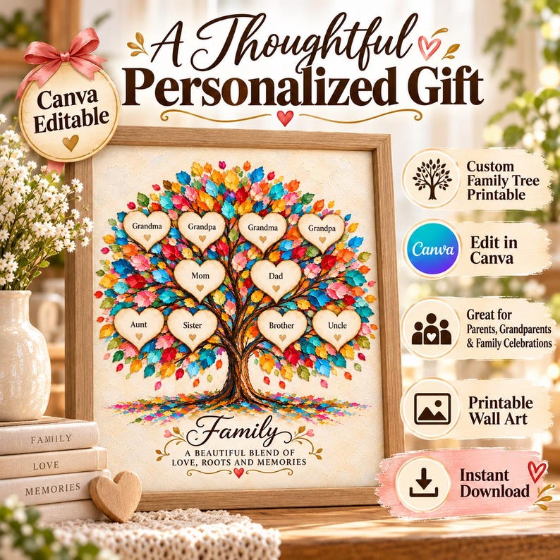 May include: A framed wall art print featuring a colorful tree with heart-shaped leaves labeled with family roles. The text reads A Thoughtful Personalized Gift, Family, and A Beautiful Blend of Love, Roots and Memories. Includes Canva editable icons.