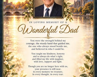 Dad Memorial Poem Canva Template, Editable Photo Tribute, Celebration of Life Keepsake, Gold Sunset Remembrance Print