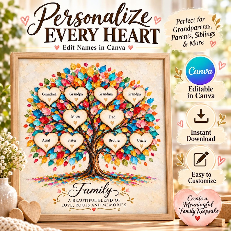 May include: A square framed print featuring a tree with colorful leaves and ten heart-shaped labels containing the text Grandma, Grandpa, Mom, Dad, Aunt, Sister, Brother, and Uncle. The text reads Personalize Every Heart, Family, A Beautiful Blend of Love, Roots and Memories, and includes Canva branding elements.
