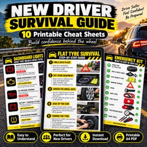 Op de afbeelding: Een overlevingsgids voor nieuwe bestuurders met 10 printbare spiekbriefjes. De gids bevat een overzicht van dashboardlampjes, een stapsgewijze handleiding voor een lekke band en een checklist voor een noodpakket in de auto.