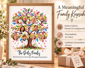 May include: A framed print featuring a watercolor tree with heart-shaped photo frames containing family portraits. The text reads The Daly Family, Rooted in Love Growing Through Generations, A Meaningful Family Keepsake, and more.