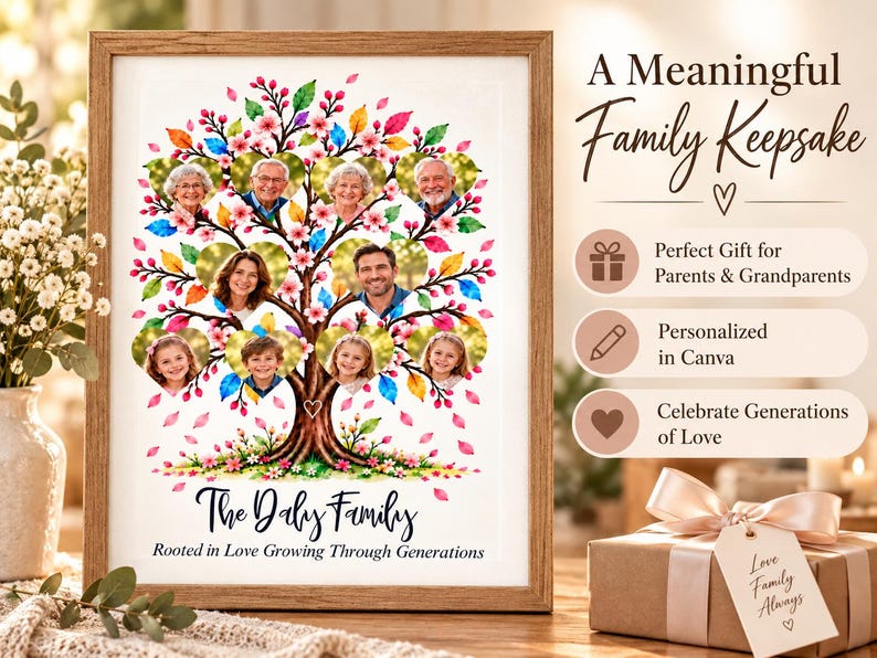 May include: A framed print featuring a watercolor tree with heart-shaped photo frames containing family portraits. The text reads The Daly Family, Rooted in Love Growing Through Generations, A Meaningful Family Keepsake, and more.