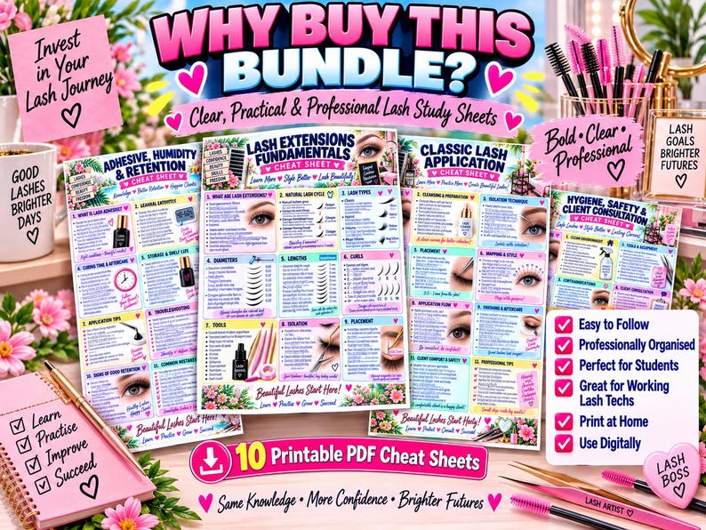 May include: A collection of educational lash extension cheat sheets featuring text titled Why Buy This Bundle, Lash Extensions Fundamentals, Classic Lash Application, and Hygiene, Safety & Client Consultation, displayed with pink accents and floral graphics.