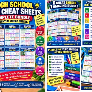 May include: A digital bundle of six high school math cheat sheets covering arithmetic, algebra, geometry, trigonometry, calculus, and statistics. The educational materials feature colorful charts, formulas, and graphs, presented as printable PDFs for study.