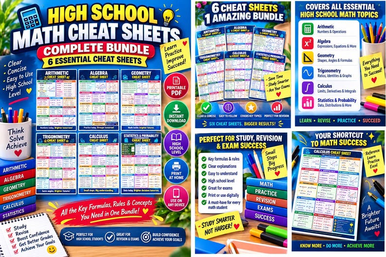 May include: A digital bundle of six high school math cheat sheets covering arithmetic, algebra, geometry, trigonometry, calculus, and statistics. The educational materials feature colorful charts, formulas, and graphs, presented as printable PDFs for study.