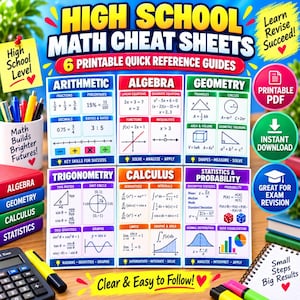 May include: A set of six printable high school math cheat sheets covering arithmetic, algebra, geometry, trigonometry, calculus, and statistics. Each guide features formulas, equations, and diagrams with clear headings and colorful educational content.