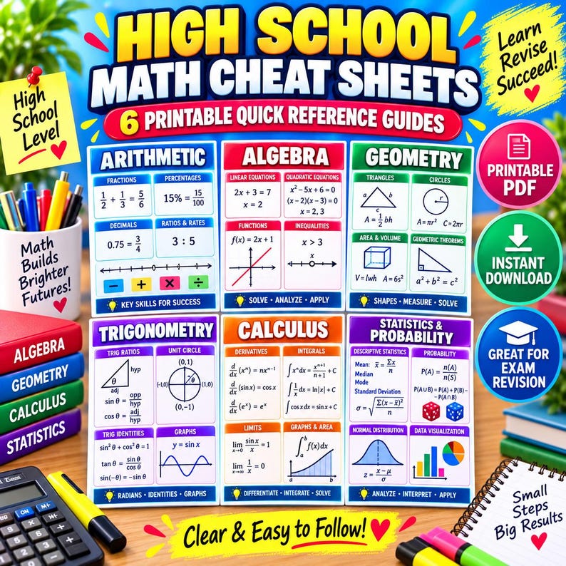 May include: A set of six printable high school math cheat sheets covering arithmetic, algebra, geometry, trigonometry, calculus, and statistics. Each guide features formulas, equations, and diagrams with clear headings and colorful educational content.