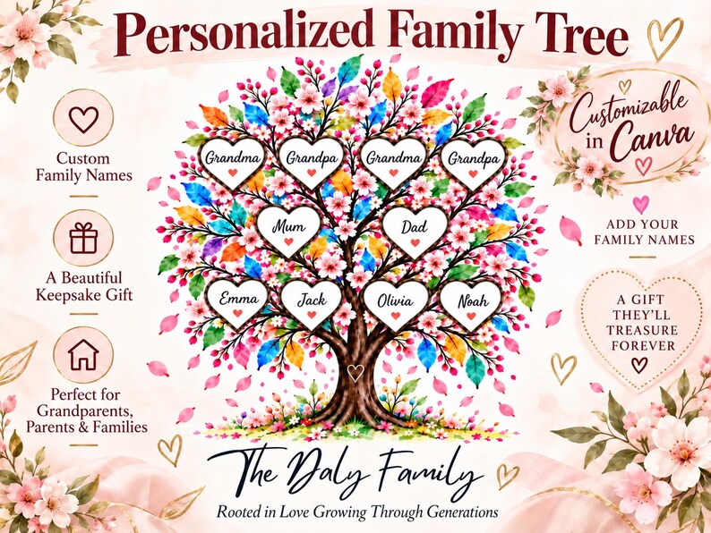 May include: A personalized family tree graphic featuring a vibrant, multi-colored tree with heart-shaped frames for names. Text includes Personalized Family Tree, Customizable in Canva, The Daly Family, and Rooted in Love Growing Through Generations.
