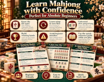 May include: A Mahjong instructional guide featuring the text Learn Mahjong with Confidence and Perfect for Absolute Beginners. The set includes three printed cheat sheets with game rules, tile types, and strategies, surrounded by ivory Mahjong tiles.