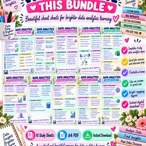 May include: A digital bundle of ten data analytics study sheets featuring colorful charts, text, and floral accents. The sheets cover topics like SQL, data cleaning, visualization, and career guides, presented in a bright, organized layout.