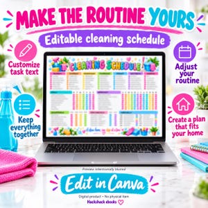 K&ouml;nnte beinhalten: Ein Laptop zeigt einen bearbeitbaren Reinigungsplan mit farbigem Text und Symbolen. Der Bildschirm zeigt einen Planer f&uuml;r w&ouml;chentliche, t&auml;gliche, monatliche, viertelj&auml;hrliche und j&auml;hrliche Aufgaben. Der Text umfasst "MAKE THE ROUTINE YOURS" und "Edit in Canva".