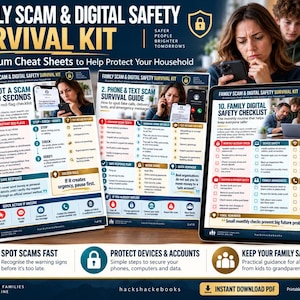 Op de afbeelding: Een digitale downloadset getiteld Family Scam & Digital Safety Survival Kit, met 10 premium spiekbriefjes. De documenten bevatten checklists voor het herkennen van oplichting, gidsen voor telefoonbeveiliging en een digitale veiligheidsroutine.