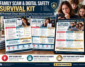 Family Scam Safety Kit | 10 Digital Safety Cheat Sheets | Phishing, Text, Phone, Password & Online Scam Guide PDF