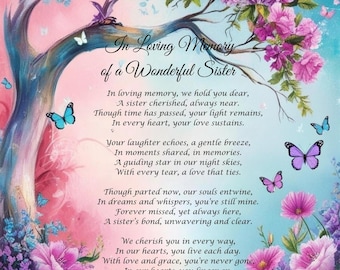 Poesia commemorativa per la sorella - Regalo di condoglianze per la perdita della sorella • Poesia commemorativa • Funerale o celebrazione della vita. Ricordo di lutto e perdita.