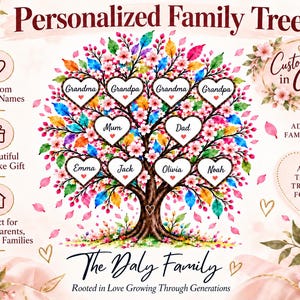 May include: A personalized family tree graphic featuring a vibrant, multi-colored tree with heart-shaped frames for names. Text includes Personalized Family Tree, Customizable in Canva, The Daly Family, and Rooted in Love Growing Through Generations.