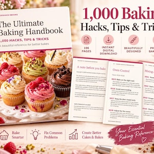 Può includere: Il libro The Ultimate Baking Handbook di Hackshack Ebooks contiene 1.000 trucchi, consigli e suggerimenti per la pasticceria. La copertina mostra cupcake con glassa e frutti di bosco. Le pagine aperte mostrano testo su forno e impasti.