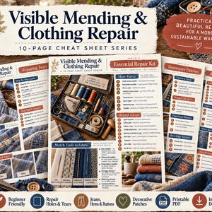 Puede incluir: Una serie de hojas de referencia de 10 páginas titulada Visible Mending & Clothing Repair, que incluye texto instructivo, diagramas y fotos de herramientas de costura, hilos y parches de tela. Las páginas ofrecen guías paso a paso para reparaciones.