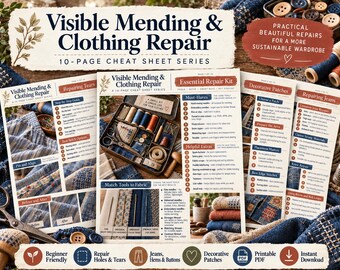 May include: A 10-page cheat sheet series titled Visible Mending & Clothing Repair, featuring instructional text, diagrams, and photos of sewing tools, thread, and fabric patches. The pages provide step-by-step guides for repairing tears and jeans.