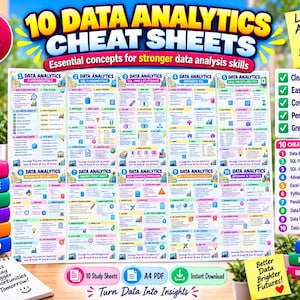 10-File Data Analytics Cheat Sheet Bundle, SQL, Excel, Python, Pandas (Digital Download)