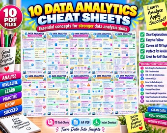 10-File Data Analytics Cheat Sheet Bundle, SQL, Excel, Python, Pandas (Digital Download)