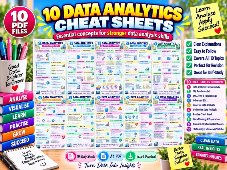 May include: A collection of 10 data analytics cheat sheets in PDF format, featuring colorful charts and text covering topics like SQL, Python, and Excel. The set includes study guides for data cleaning, visualization, and interview preparation.