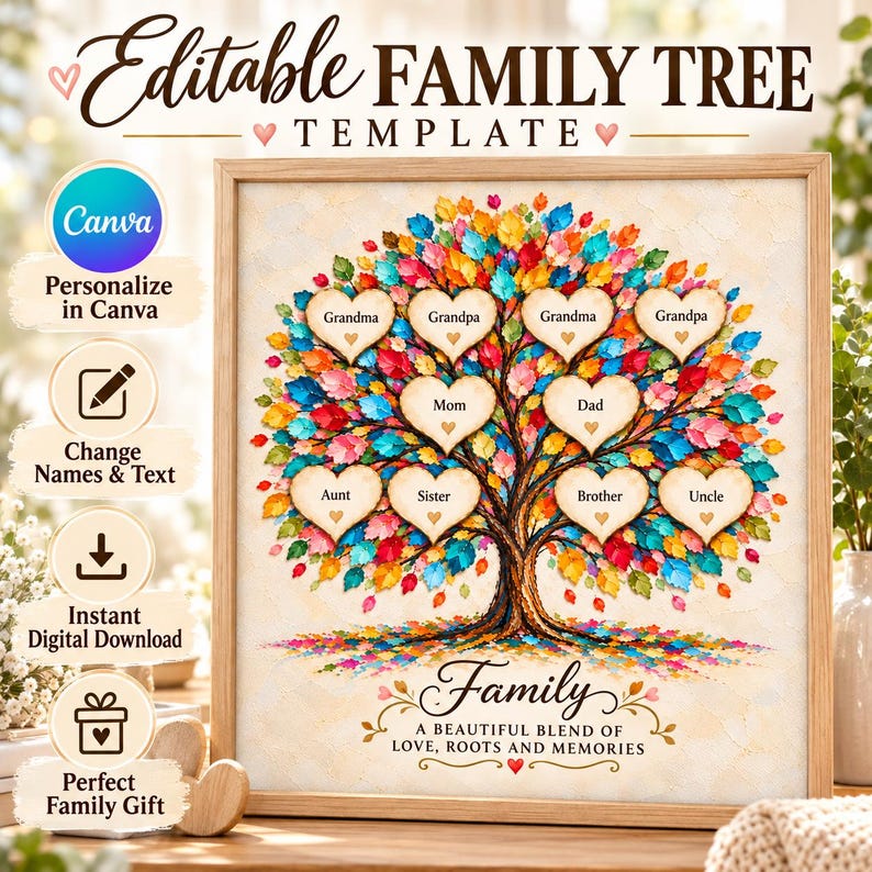 May include: An editable family tree template featuring a colorful tree with heart-shaped leaves containing text labels like Grandma, Grandpa, Mom, Dad, Aunt, Sister, Brother, and Uncle. The text reads Editable FAMILY TREE TEMPLATE.