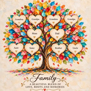 May include: A wall art print featuring a colorful tree with multi-colored leaves and ten heart-shaped frames labeled Grandma, Grandpa, Mom, Dad, Aunt, Sister, Brother, and Uncle. The text reads Family, A beautiful blend of love, roots and memories.