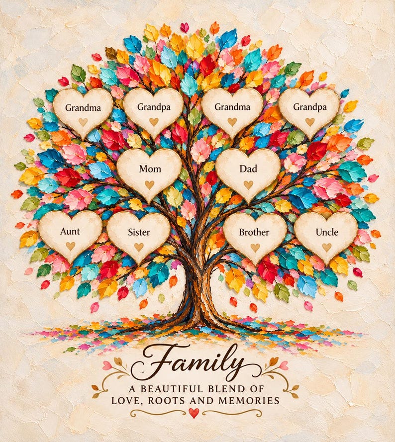 May include: A wall art print featuring a colorful tree with multi-colored leaves and ten heart-shaped frames labeled Grandma, Grandpa, Mom, Dad, Aunt, Sister, Brother, and Uncle. The text reads Family, A beautiful blend of love, roots and memories.