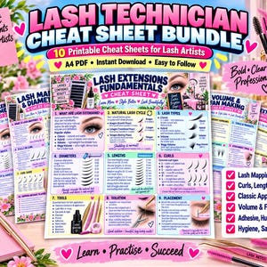 May include: A Lash Technician Cheat Sheet Bundle featuring 10 printable A4 PDF pages. The sheets include information on lash extensions, natural lash cycles, diameters, lengths, curls, tools, isolation, and placement, with pink and floral accents.