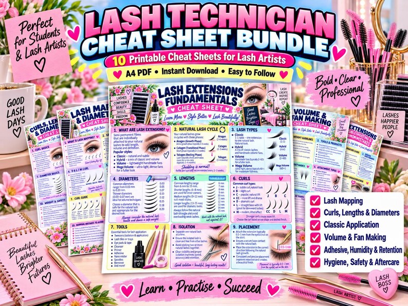 May include: A Lash Technician Cheat Sheet Bundle featuring 10 printable A4 PDF pages. The sheets include information on lash extensions, natural lash cycles, diameters, lengths, curls, tools, isolation, and placement, with pink and floral accents.