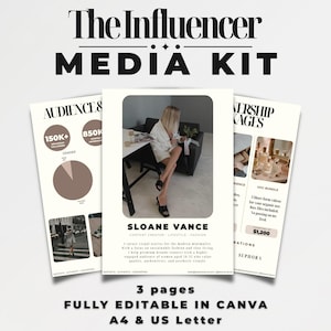 May include: A media kit titled "The Influencer" with three pages. The pages include audience data, a profile of Sloane Vance, and partnership packages. The kit is fully editable in Canva and available in A4 and US Letter sizes.