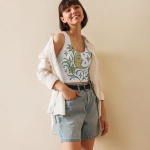 Celestial Moon and Stars Crop Top - Boho Mystical Design Tee - Witchy Aesthetic Shirt - Celestial Clothing