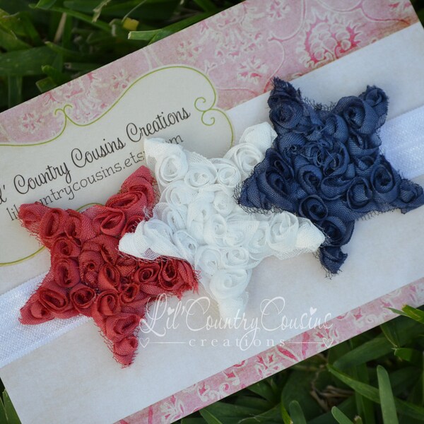 LIMITED EDITION - Red, White and Blue Shabby Stars on Shimmery, Stretchy Headband - 4th of July - Patriotic Colors