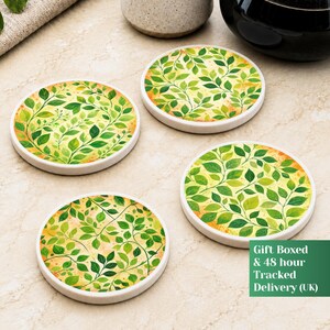 Green Leaf Coasters, Set of 4 Gift Box, Botanical Pattern, Nature Inspired Kitchen Decor, Birthday Gift for Her, New Home Housewarming Gift