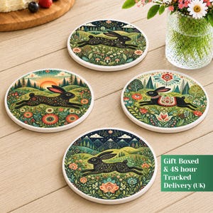 Nordic Hare Coasters Set of 4, Folk Art Rabbit Ceramic Drinks Coasters, Homewarming Gift, Scandi Art Print Homeware, Birthday Gift