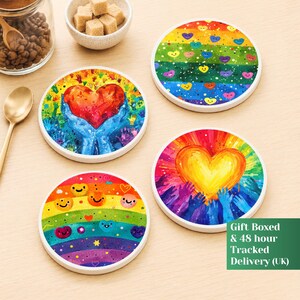 Rainbow Heart Coasters Set of 4, Pride LGBT Decor, Thank You Gift for Teachers, Colourful Coffee Table Mats, Handcrafted UK Present