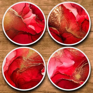 Red and Gold Ceramic Coaster Set of 4 Gift Boxed Red Fluid Abstract Art Print Drink Mats Housewarming Gifts Birthday Present Ideas