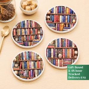 May include: Three circular coasters featuring a detailed illustration of a multi-tiered wooden bookshelf filled with colorful vintage books, small potted plants, and globes. Each coaster displays a unique arrangement of spines in various shades.