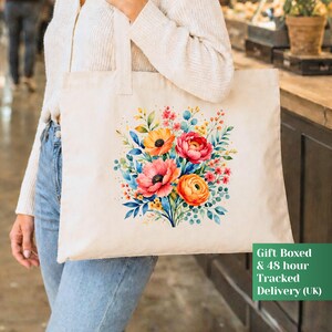 Floral Tote Bag, Large Strong Wildflower Art Print Bag, Red Orange Flower Meadow Carryall,  Gift for Nature Lover, Reusable Shopping Bag