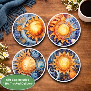 Celestial Sun and Moon Coasters, Set of 4 Gift Bx, Astrology Gift for Her, Boho Home Decor, Zodiac Drink Mats, New Home Housewarming Gift
