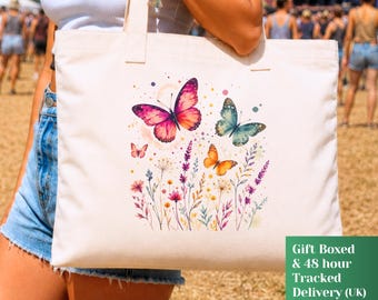 Watercolor Butterfly Floral Canvas Tote Bag, Pink Purple Wildflower Meadow Botanical Print Shopper, Reusable Eco Gift For Nature Lovers