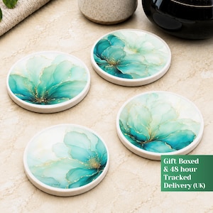 Teal Turquoise Floral Marble Ceramic Coasters Set Of 4, Aqua Gold Abstract Flowers Drinks Coaster, Home Decor, New Home Wedding Present