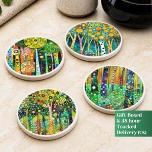 Colourful Abstract Tree Coaster, Bright Mosaic Art Coaster Set, Boho Funky Drinks Coaster, Vibrant Folk Art Coaster, Whimsical New Home Gift
